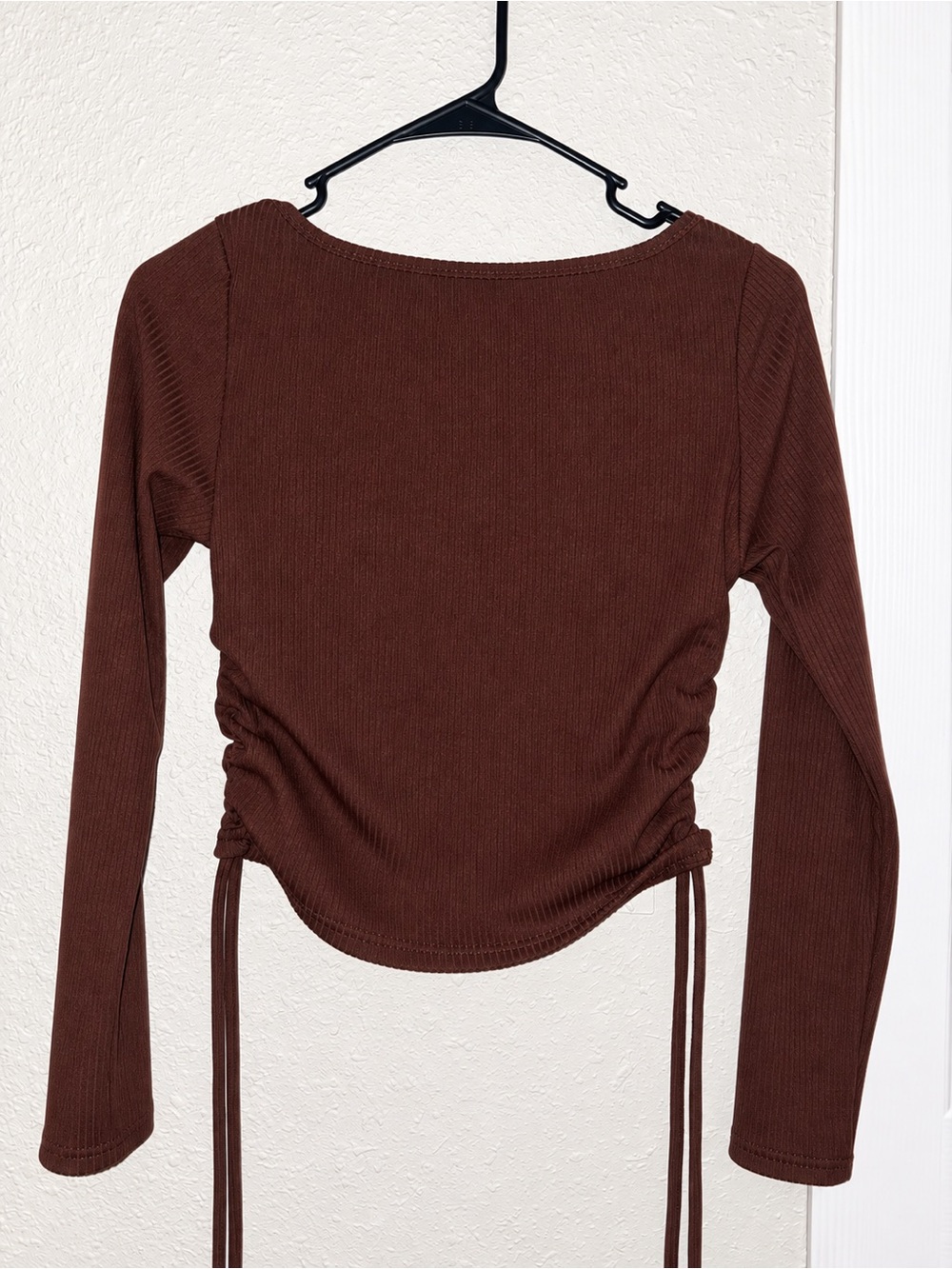 & Other Stories Brown Ribbed Long-Sleeve Ruched Side Top